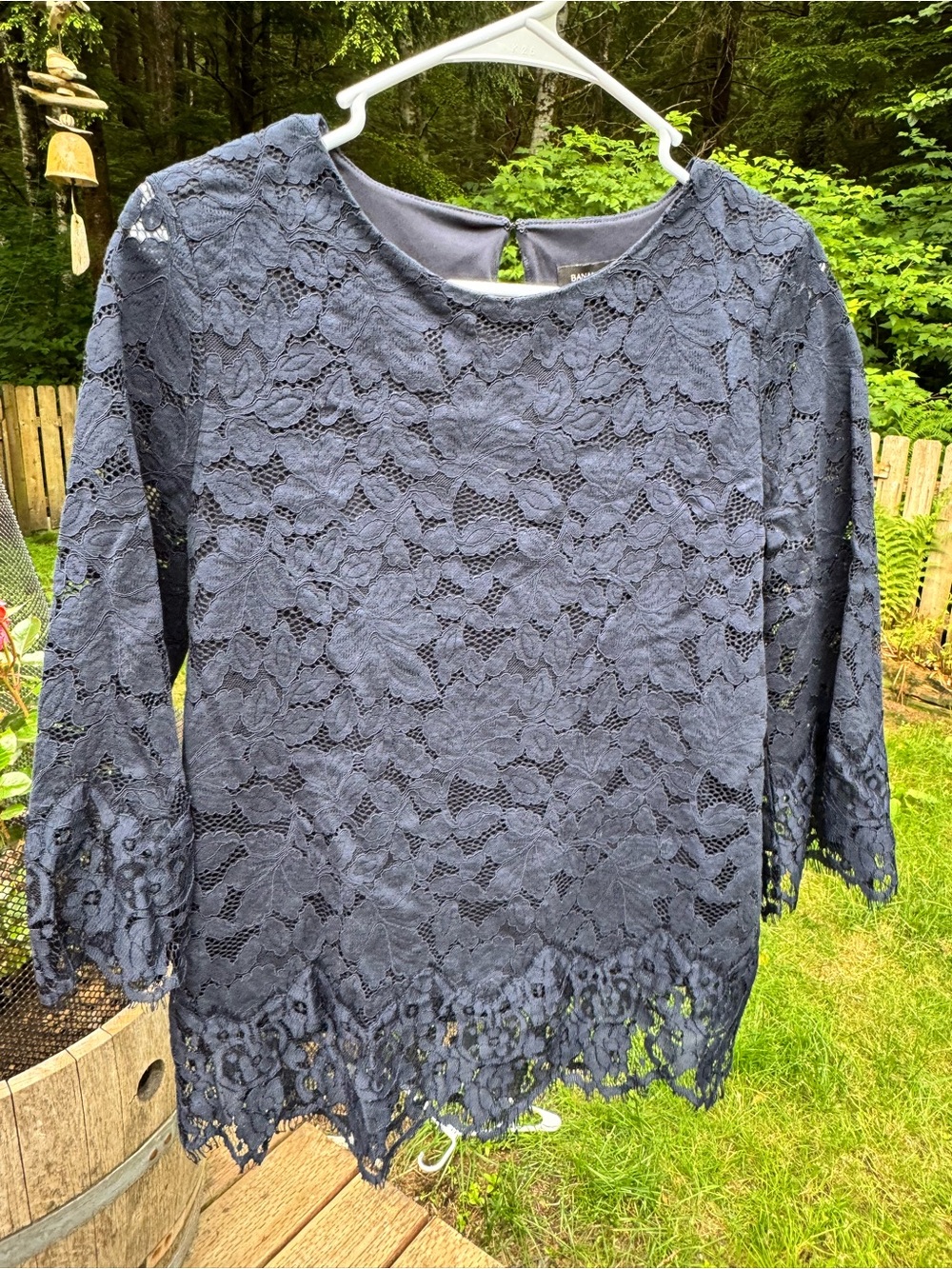 Banana Republic Navy Lace Blouse with Scalloped Hem